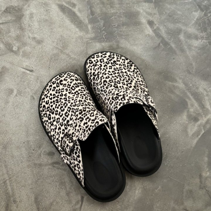 White Leopard Mules